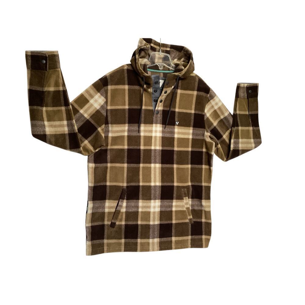 Vissla Eco-zy hooded popover polar fleece quarter button down placket L brown